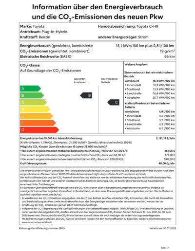 Verbrauchsdatenblatt Toyota C‑HR Plug-in Hybrid 5‑Türer Flow; 2,0‑l-VVT‑i