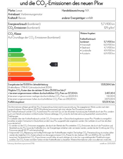 Verbrauchsdatenblatt: Lexus NX350h Executive Line