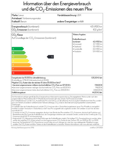 Verbrauchsdatenblatt: LEXUS LBX B‑SUV BASIS 1,5 L VVT-IE